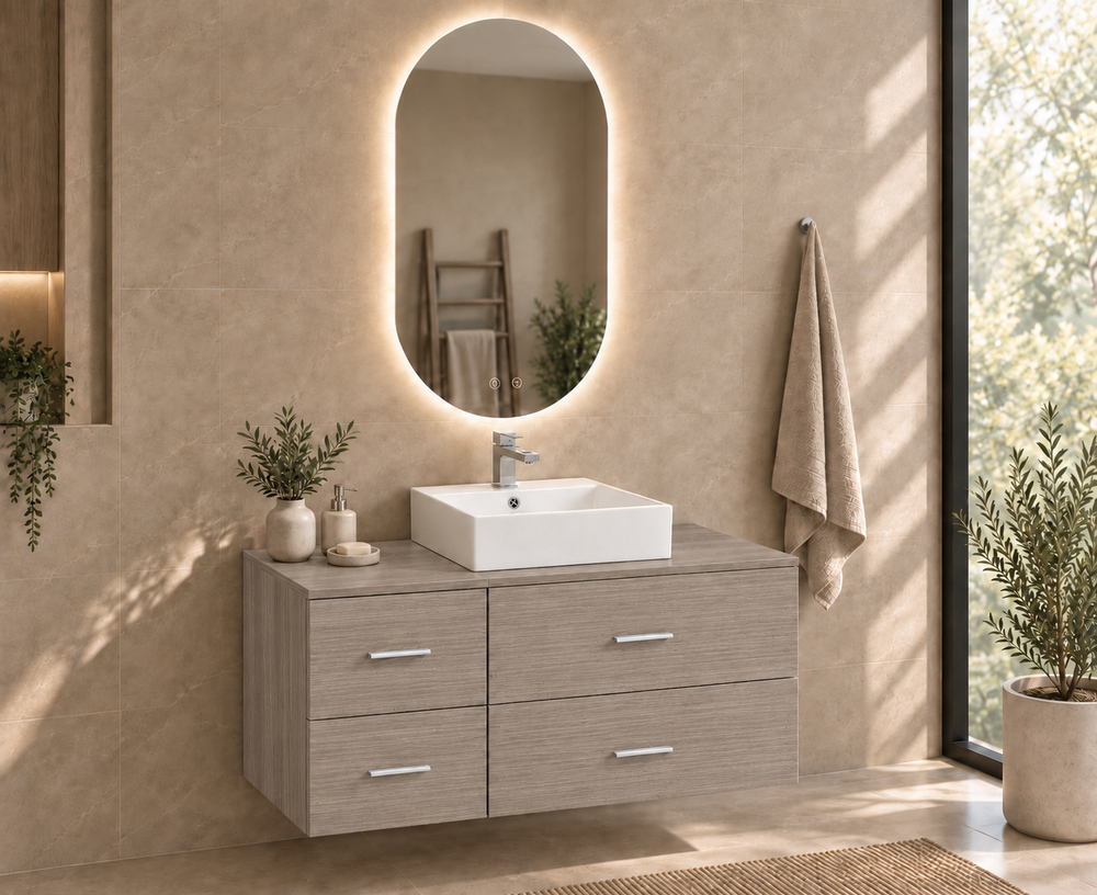 Mobilier de baie PAROS cu blat și lavoar Libra pe blat · Stejar Smoky