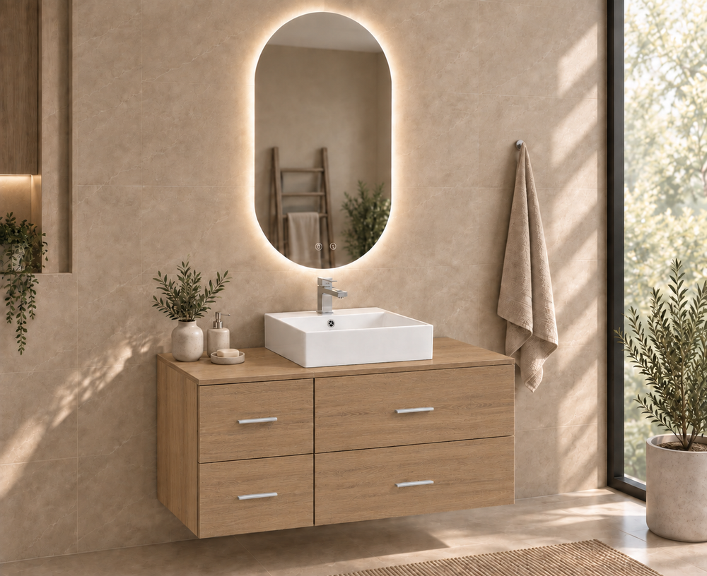 Mobilier de baie PAROS cu blat și lavoar Libra pe blat · Estepa